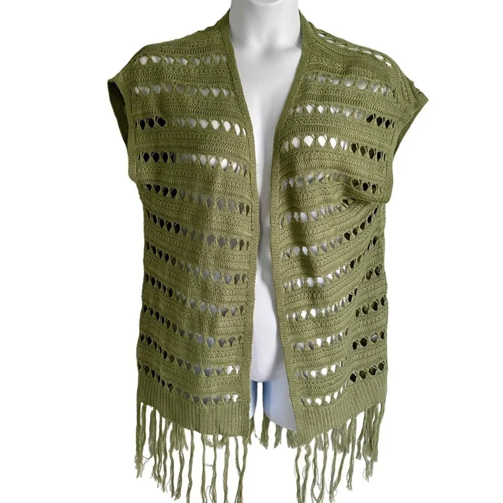 Jolie & Joy Green Open Knit Sleeveless Cardigan Tassels Junior's Size Medium NEW
